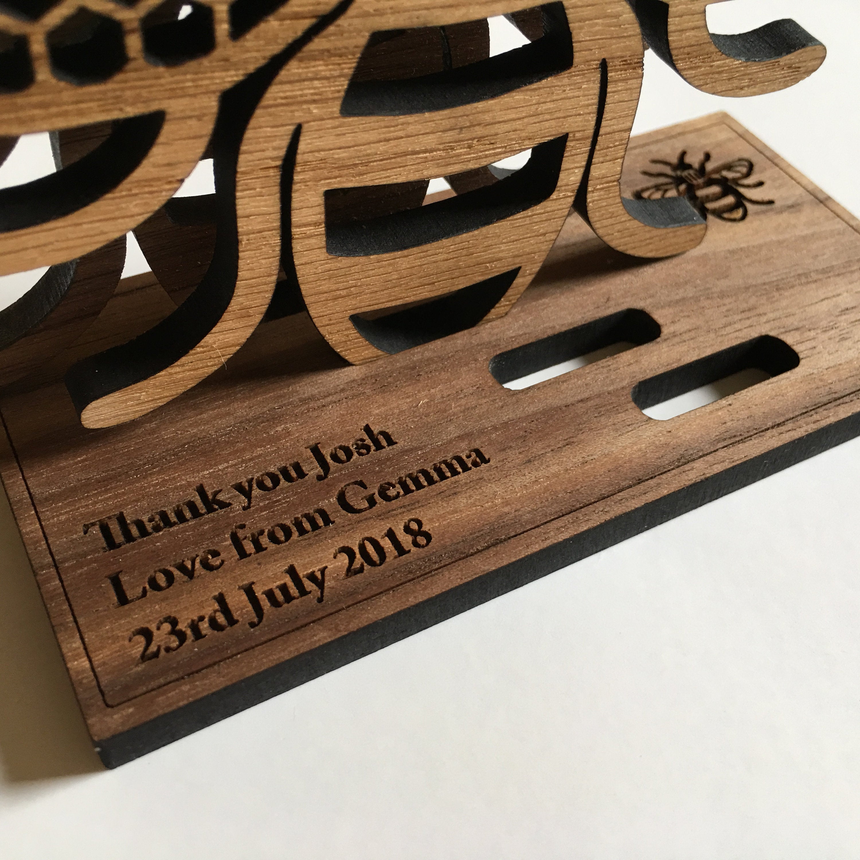 Manchester Bee - oak wood coaster - honeycomb wings - personalised gift - teachers gift